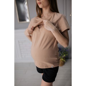 Комплект для беременных черные шорты и футболка с секретом для кормления бежевая